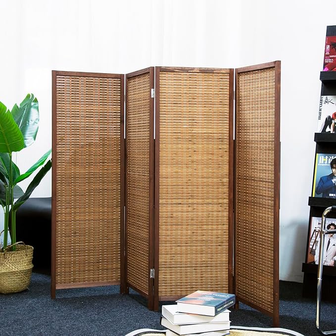 4 Panel Short Room Divider Screen,Brown Freestanding Partition,Small Bamboo Panel Divider for Room Seperation,3.95 FT Tall