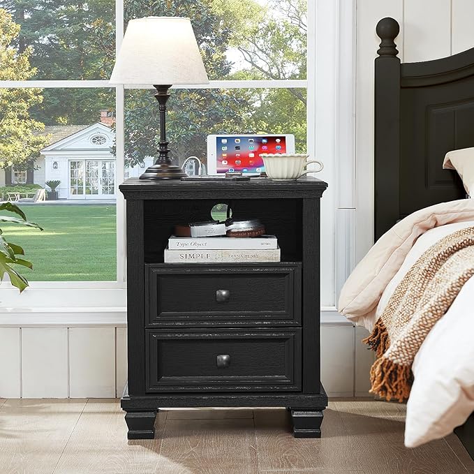 SAVOR LIFE Farmhouse Side Table with Charging Station, Rustic Black Nightstand,2 Drawers End Table for Living Room,Bedside Table with Open Shelf for Bed Room,Black