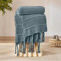 Boho Knitted Chenille Blanket with Tassels - Lightweight & Soft All-Season Throw - 3D Classic Pattern for Living Room Bedroom Couch, Celestial Blue, Queen 90"x90"