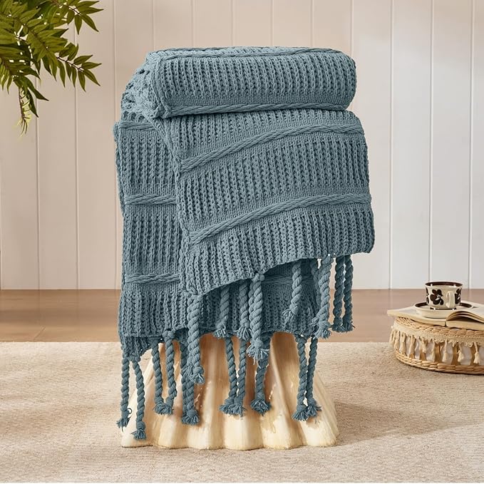 Boho Knitted Chenille Blanket with Tassels - Lightweight & Soft All-Season Throw - 3D Classic Pattern for Living Room Bedroom Couch, Celestial Blue, Queen 90"x90"