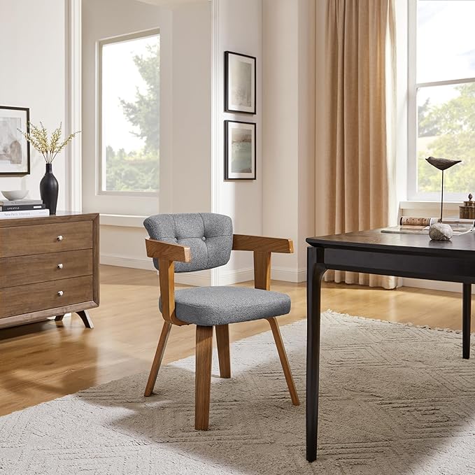 Art Leon Office Chair No Wheels - Mid Century Modern Chair, Fabric Upholstered Desk Chair Without Wheels, Accent Arm Chair with Wood Legs for Small Spaces Living Room Bedroom Study, Gray/Walnut