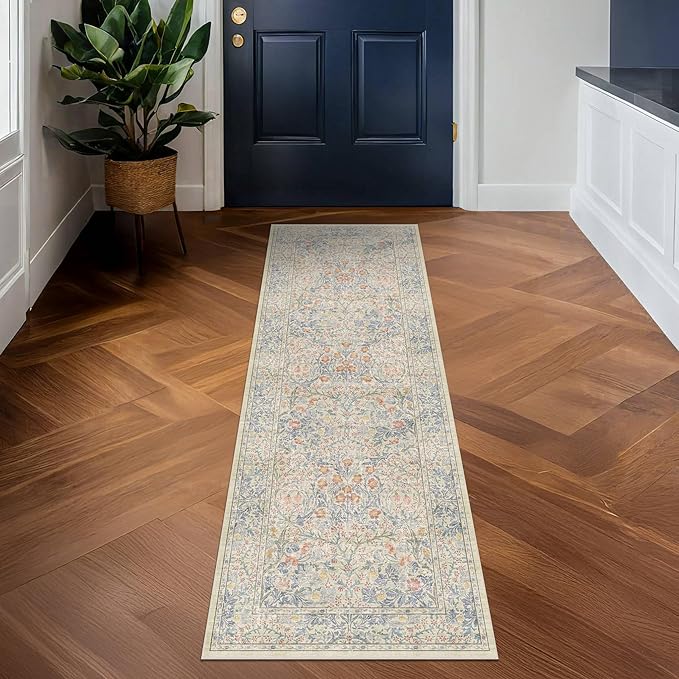 Washable Bathroom Runner Rug 2x5, Non Slip Runner for Laundry Room, Bathroom Sink Mat - Vintage Pastel Beige Blue Throw Rug, Ultra Soft Low Pile Stain Resistant