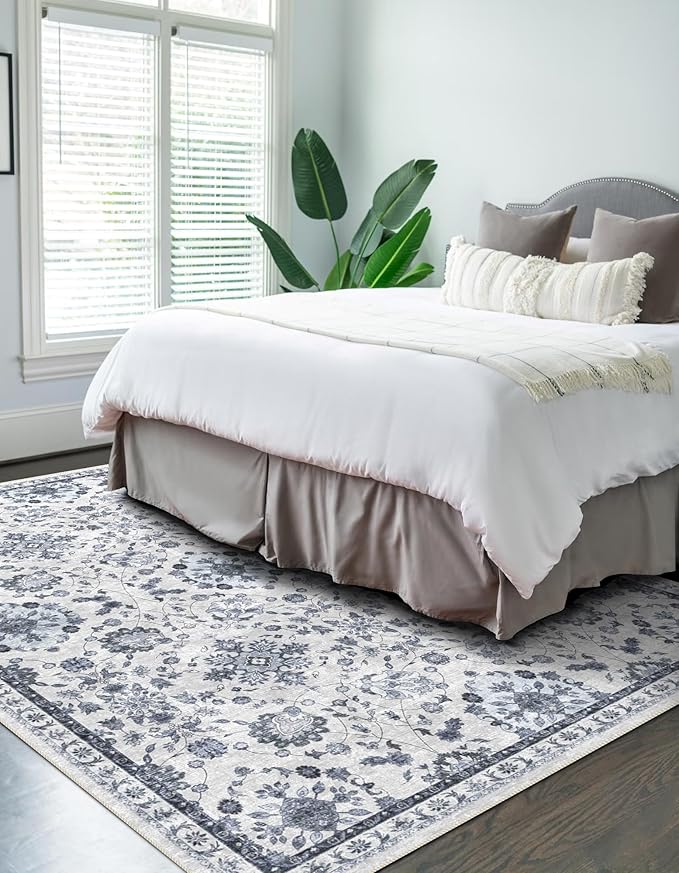 vivorug 4x6 Rug, Stain Resistant Washable Rug for Living Room, Floral Area Rug Vintage Inspired (Ivory/Blue, 4'x6')