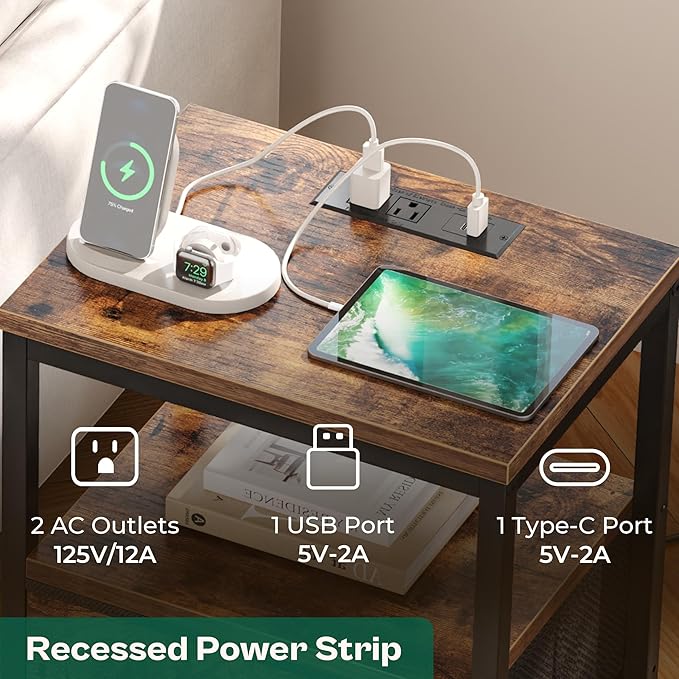 Huuger Nightstands Set of 2, End Tables with Charging Station, Fabric Drawers, Bedside Tables with USB Ports and Outlets, Night Stands for Bedroom, Rustic Brown