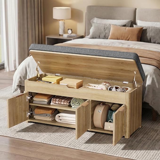 Shoe Bench with Storage - Lift Top Entryway Bench with Hidden Storage, Shoe Rack with Adjustable Shelves and Cushioned Seat, Wooden End of Bed Bench for Bedroom, Living Room and Hallway,Nature