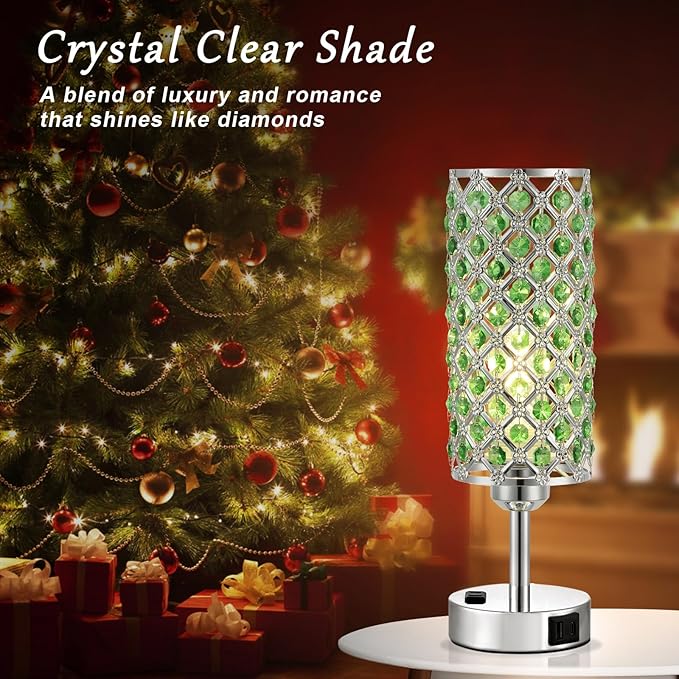 Hong-in Green Crystal Lamp Touch Control Set of 2, Crystal Table Lamps with USB C+A Ports & AC Outlet, 3-Way Dimmable Nightstand Touch Lamp, Modern Bedside Table Lamp for Bedroom(Bulbs Included)