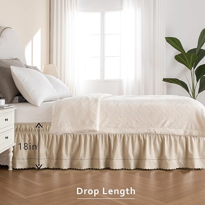 MIYE Wrap Around Ruffled Lace Bed Skirt, Elastic Dust Ruffle with Adjustable Belts, Easy to Put On, Bed Frame Cover, Machine Washable (Embroidered/Beige, King/Queen-18 Drop)