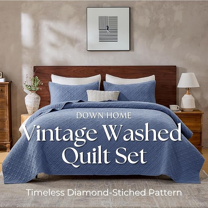 DOWN HOME Twin Quilt Set with Sham Lightweight Quilted Bedspread Coverlet Thin Comforter Bed Cover Vintage Washed Quilted Blanket for All Season, Brushed Microfiber Diamond Stitching, Blue, 66"x92"