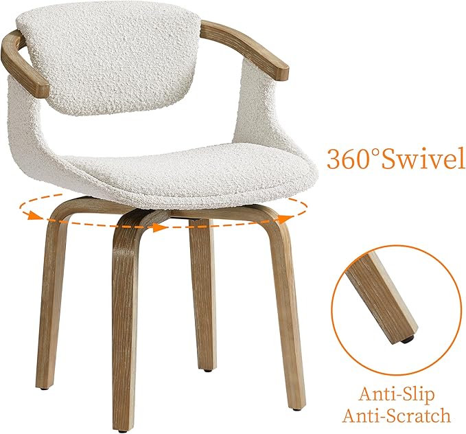 Art Leon Swivel Dining Chairs, Set of 2, Mid Century Modern Boucle Fabric Kitchen Dining Room Chair with Arms, Desk Chairs No Wheels, White