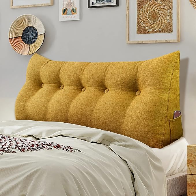 homecozy Wedge Headboard Pillow Dorm Room Reading Pillow Back Support for Sitting Up in Bed Bolster Lumbar Cushion Body Positioning Bedrest Gift for Mom Cotton Linen 59in Yellow Queen