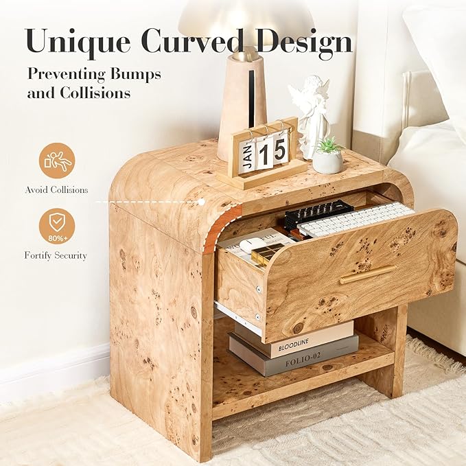 Night Stand Set of 2 [Unique Curved Profile] [FSC-Certified Wooden Board] 1-Drawer and 1 Storage Shelf Nightstand 24" H Metal Handle Modern Bedside Table Side Table End Table