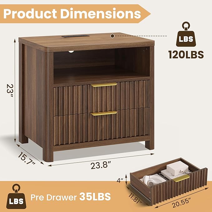 CypBed NightStand Set of 2 with Charging Station, Bedside Tables with 2 Drawers & Storage Shelf, Wood Fluted Nightstand with Rounded Corner Design, Modern End Table for Bedroom, Easy Assembly