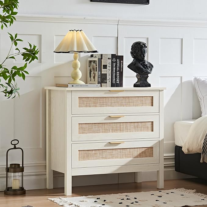 LEYAOYAO 31.5" Wide Rattan Night Stand, Large Boho Nightstand, Bedside Table with Storage, Tall Bed Side End Tables, Chest of Drawers for Bedroom, Living Room, Hallway（Grey,3 Drawers,2）