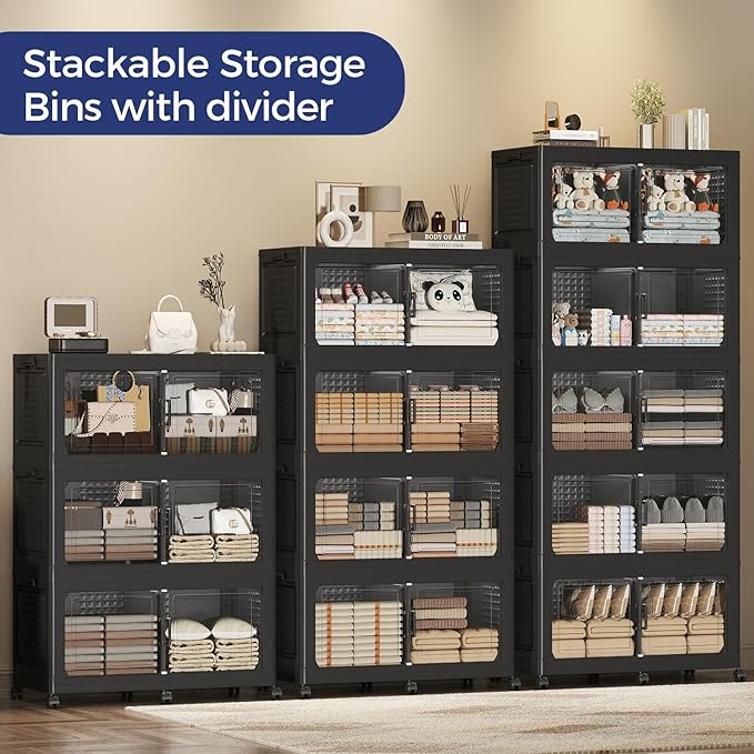 480 QT Extra Large Stackable Storage Bins with Lid, 120 Gal Collapsible Storage Box with Wheels, Folding Closet Organizers and Storage Cabinet with Doors for Home, Kitchen, Office, 3Pack Black