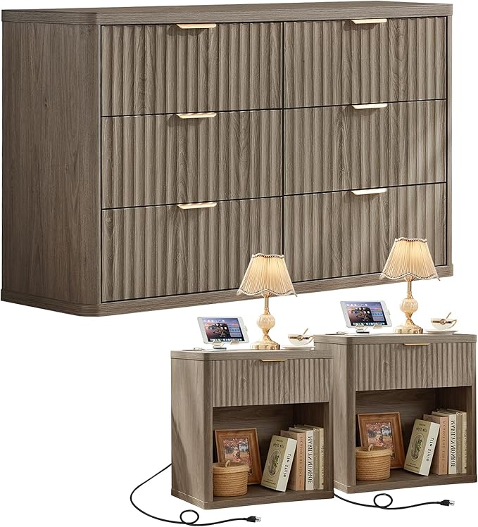 LEYAOYAO 48" Wide Fluted Dresser and 1 Drawers 23" Nightstand Set of 2, Wooden Dresser & Night Stand with Charging Station, 3 Piece Bedroom Furniture Set, Chest of Drawer for Living Room,Grey