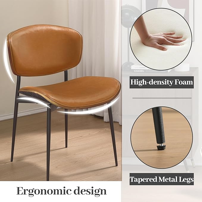 Art Leon Dining Chairs Set of 4, Gray Oak Bentwood, Mid Century Modern Dining Room Chairs, Faux Leather Upholstered Desk Chair with Black Metal Legs, Brown