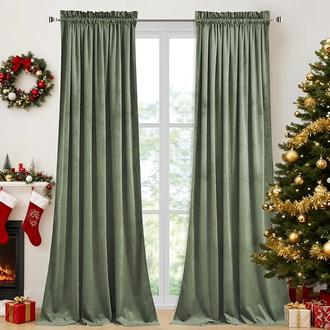 StangH 108 inches Length Sage Green Velvet Curtains, Rod Pocket Sunlight Blocking Window Panels Thermal Insulated Nursery Decor Drapes for Guest Room/Bedroom, W52 x L108, Sage Green, 2 Panels