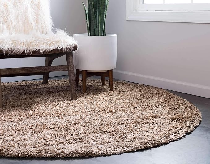 Unique Loom Solid Shag Collection Area Rug (7' 10" Round, Sandy Brown)