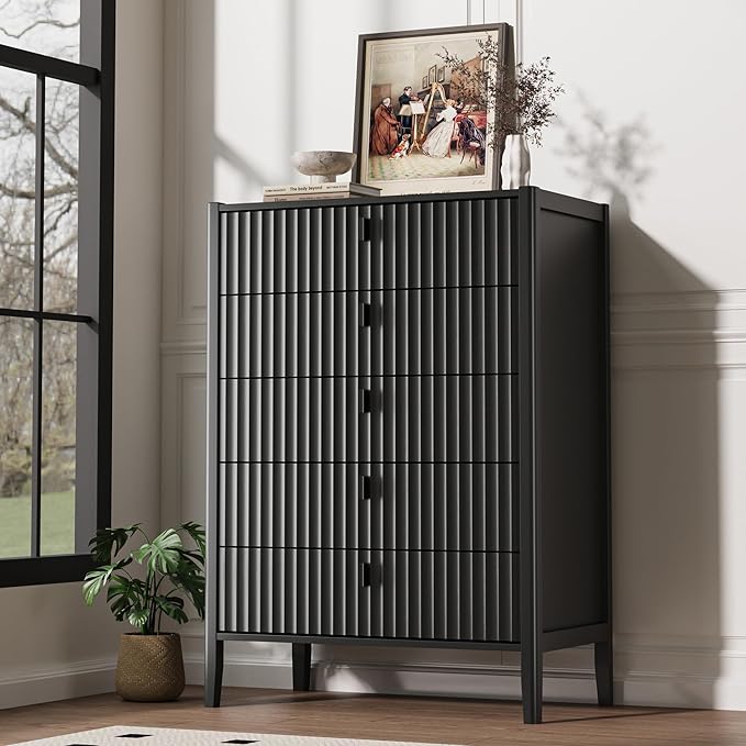 Black 5 Drawer Dresser, Modern Tall Dresser for Bedroom, Fluted Wood Chest of Drawers with Deep Drawers for Clothes, Storage Cabinet for Bedroom, Living Rooms, Offices, Entryways