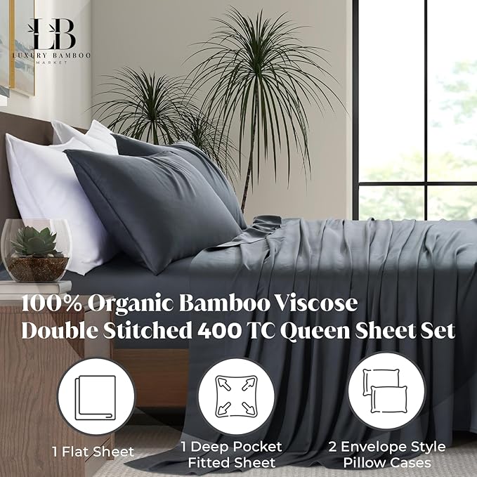 Luxury Bamboo Market | Queen Size Bed Sheet Set | 100% Viscose Made from Bamboo | Organically Grown | Ultra Soft | Cooling Sheets for Hot Sleepers | 17" Deep Pocket [Charcoal Grey]