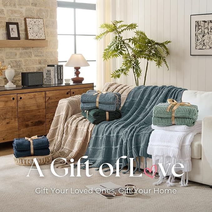 Boho Knitted Chenille Blanket with Tassels - Lightweight & Soft All-Season Throw - 3D Classic Pattern for Living Room Bedroom Couch, Celestial Blue, King 90"x108"