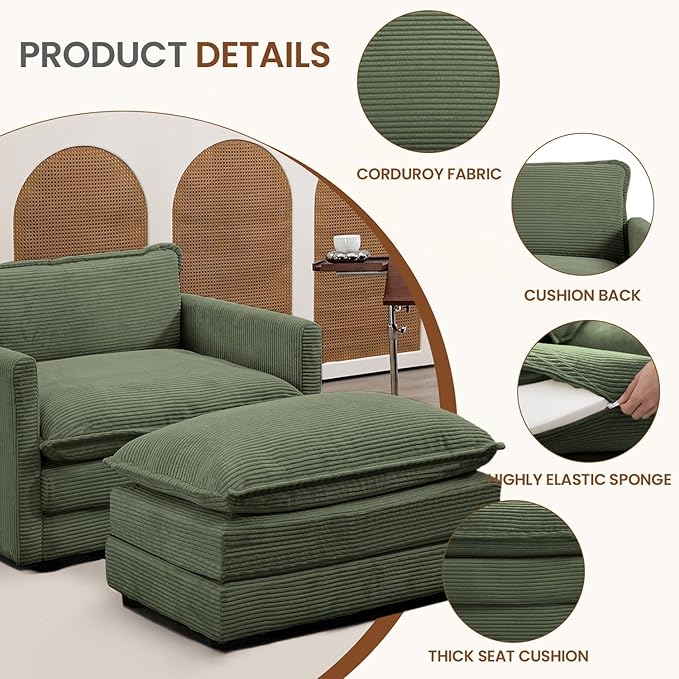 ROWHY Single Armchair with Ottoman, Modern Corduroy Cloud Couch with Convertible Chaise, Upholstered Sofa Set for Living Room, Green
