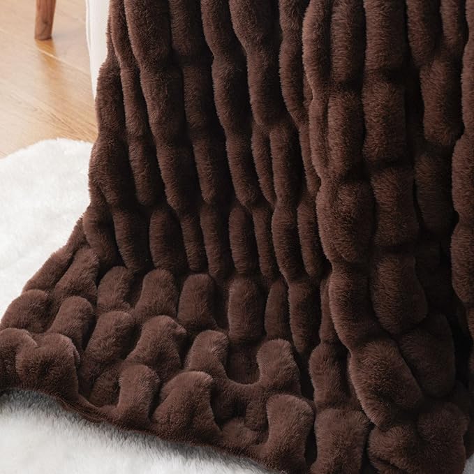 BATTILO HOME Chocolate Brown Faux Fur Throw Blanket for Couch, Double Side Reversible Ruched Rabbit Fur Blanket for Couch, Bed, Super Soft Cozy Warm Mink Blanket, 50x60 Inches