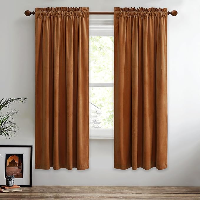 StangH Burnt Orange Curtains Fall Curtains Rod Pocket Velvet Blackout Window Drapes for Nursery, Temperature Regulate Noise Reducing for Bedroom/Home Office, W52 x L72, 2 Panels
