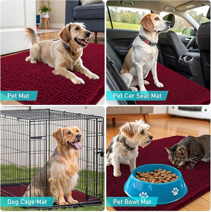 OLANLY Dog Door Mat for Muddy Paws 59x35, Absorbs Moisture and Dirt, Absorbent Non-Slip Washable Doormat, Quick Dry Chenille Mud Mat for Dogs, Entry Indoor Entryway Carpet for Inside Floor, Burgundy