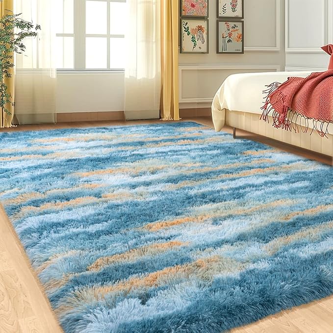 Blue Rugs for Bedroom, 4x6 Fluffy Fuzzy Modern Indoor Floor Rugs for Living Room, Soft Non-Slip Plush Shag Rug for Dorm Kids Room Home Decor, Blue Abstract