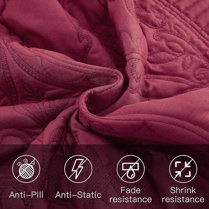 CHIXIN Oversized Bedspread Coverlet Set King Size - Lightweight Bedding Cover - Beautiful Stitching - 5 Piece Reversible Bedspread - Gorgeous Damask Paisley Pattern (King, Wine Red)
