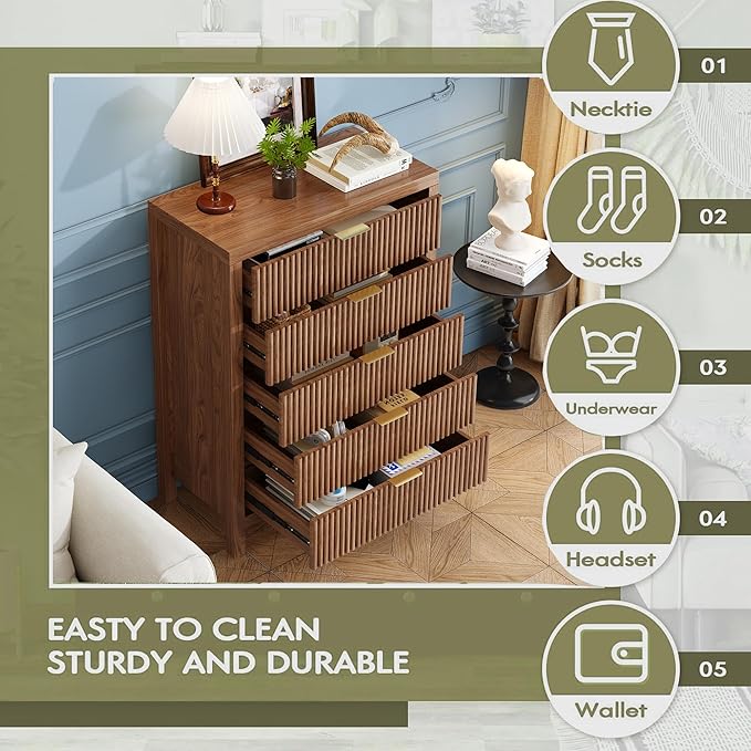 43" 5 Drawer Dresser Tall Dresser Organizer TV Drawer Cabinet Modern Wood Storage Cabinet, Modern Wood Storage Cabinet for Bedroom, Hallway, Entryway, Walnut