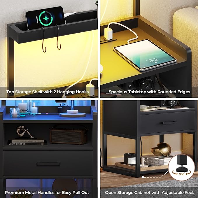 VIAGDO Night Stand Set 2 with Charging Station and LED Lights, Black Night Stand with Drawer, Modern End Side Table with Open Storage Shelves, Bedside Tables for Bedroom, Office