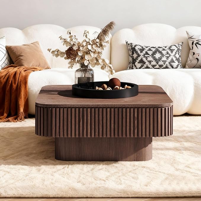 LKTART Coffee Table for Living Room, Accent Fluted Square Coffee Table with Hidden Storage, Modern Solid Wood Veneered Circle Center Tea Table for Small Space Apartment (31.5''D×14''H-Walnut)