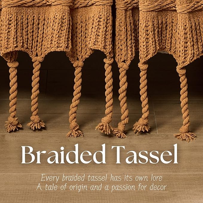 Boho Knitted Chenille Blanket with Tassels - Lightweight & Soft All-Season Throw - 3D Classic Pattern for Living Room Bedroom Couch, Amber Brown, Throw 50"x60"