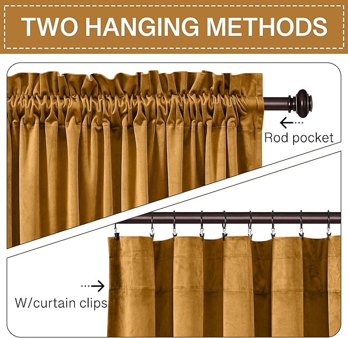 StangH Mustard Gold Velvet Curtains Rustic Privacy Room Darkening Curtains for Bedroom/Sliding Door, Gold Backdrop Panels for Halloween Party, W52 x L96, 2 Panels