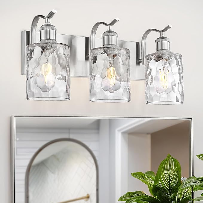 Bathroom Vanity Light Fixtures Over Mirror 3-Light Hammered Glass Wall Mounted Modern Brushed Nickel - VL01BNH-3