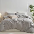 MooMee Striped Duvet Cover Set 100% Washed Cotton Linen Like Textured Breathable Durable Soft Comfy (Light Grey White Wide Stripes, King 104"x90")