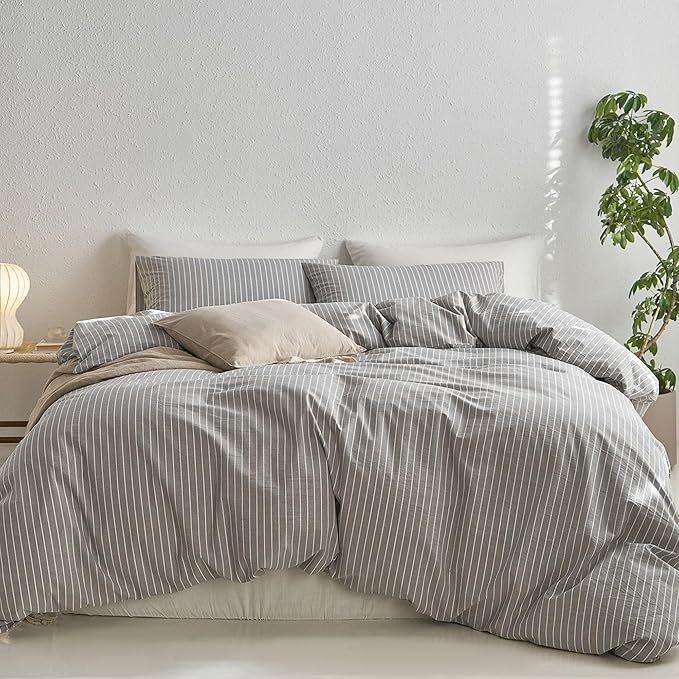MooMee Striped Duvet Cover Set 100% Washed Cotton Linen Like Textured Breathable Durable Soft Comfy (Light Grey White Wide Stripes, King 104"x90")