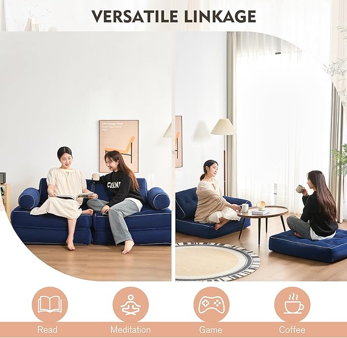 Plus Futon Sofa Bed for Small Spaces, Floor Couch with Armrest, Folding Sofa Couch, Convertible Sleeper Chair Bed with Pillow, Portable Comfy Floor Lounge for Living Room and Bedroom, Blue