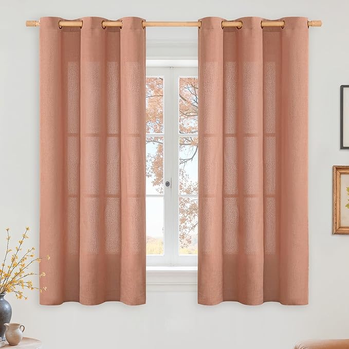 YoungsTex Terracotta Linen Curtains 45 Inch Length for Kitchen Window, Short Semi Sheer Window Drapes with Bronze Grommet Privacy Light Filtering for Living Room, 42 x 45 Inch, 2 Panels