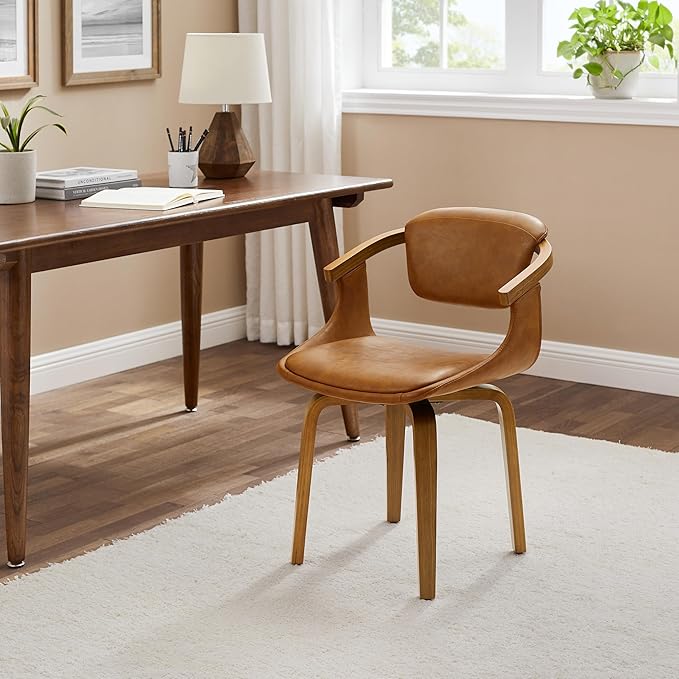 Art Leon Mid Century Modern Chair - Home Office Desk Chair Without Wheels, Faux Leather Comfy Swivel Accent Armless Chair for Living Room Bedroom Study, Retro Brown