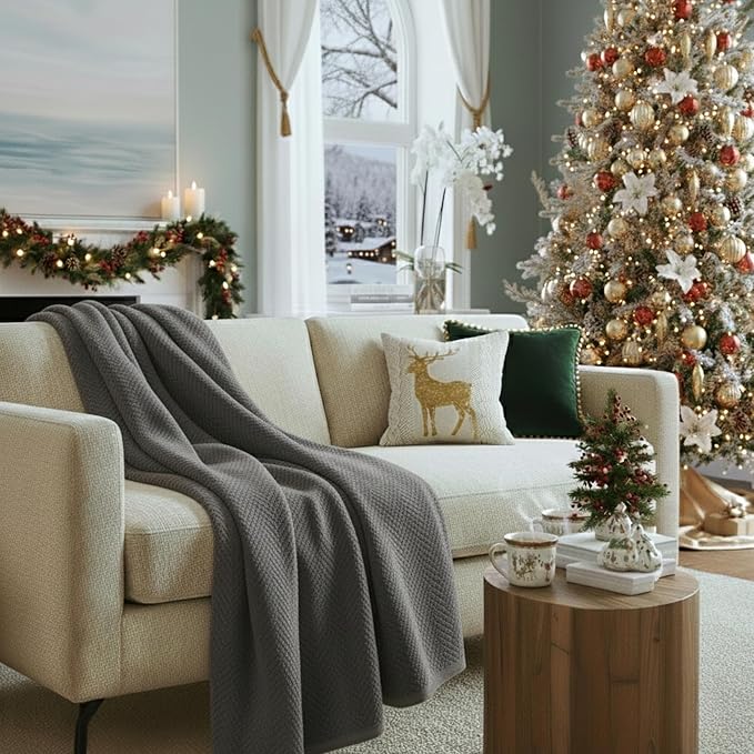 Cloud Scape Linen 100% Cotton Throw Blanket 50x70 Sharkskin, Luxury All-Season Warmth, Ultra Soft, Oversized Herringbone Gauze Blanket for Winter, Bed, Couch & Sofa Decor, Best Gift Idea
