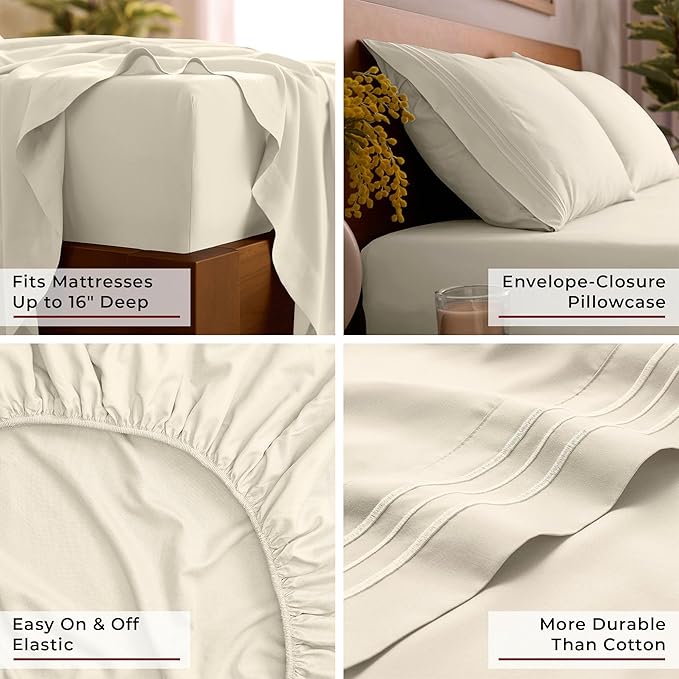 Mellanni Split King Sheet Set - 7-Piece Iconic Collection Bedding, (Including 4 Pillowcases), 16-Inch Deep Pocket, Easy Care, Extra Soft, Cooling Sheets, Brushed Microfiber - Golden Ivory