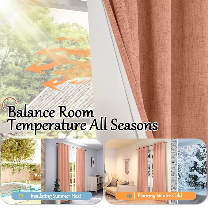 Terracotta 100% Linen Blackout Fall Curtains for Bedroom 95 Inch Long 52 Wide, Extra Long Thermal Insulated Light Blocking Curtains, Noise Refusing Window Drape Each 52x95 Inch 2 Panels