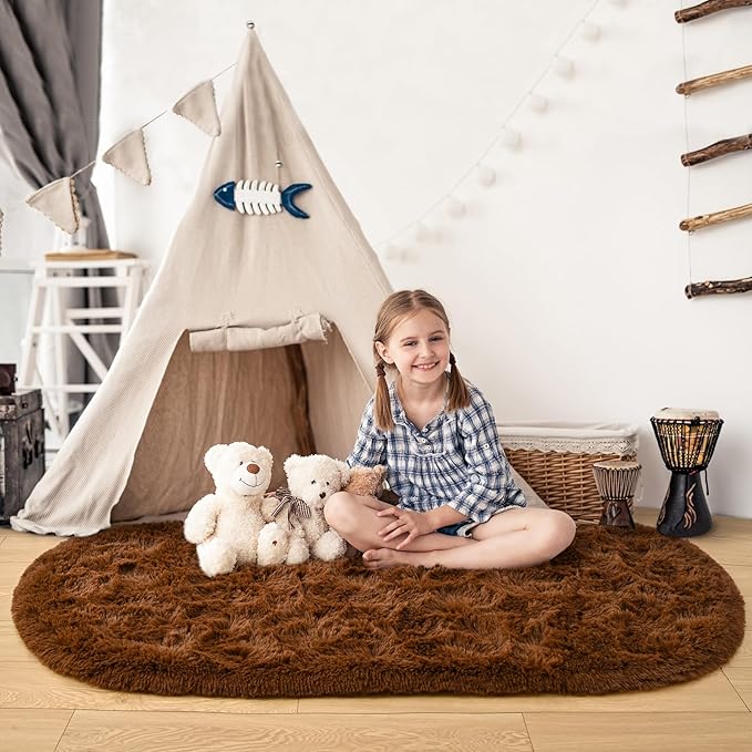 Noahas Fluffy Brown Rugs for Bedroom Living Room,2.6'X5.3' Oval Throw Rug for Kids Room,Shag Hallway Runner Rug,Small Soft Shaggy Bedside Non-Slip Plush Nursery Dorm Carpet Home Decor Aesthetic