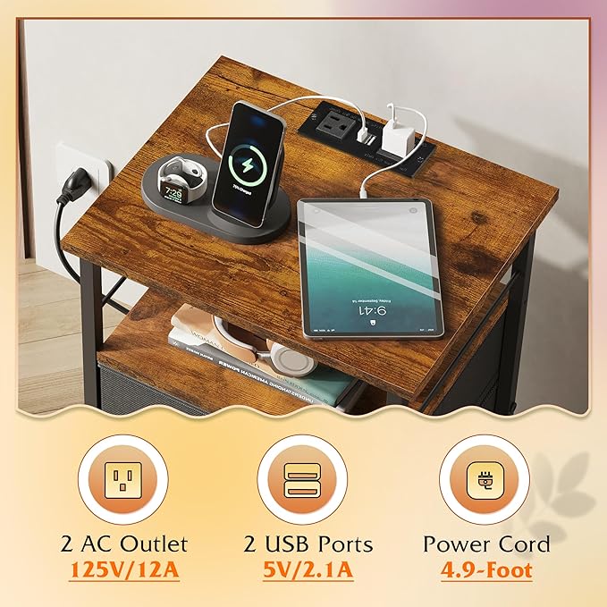 WLIVE Nightstands Set of 2, Night Stand Set 2 with Charging Station, Bedside Tables for Bedroom, Side Table with 2 Fabric Drawers, Small Dresser, USB Ports and Outlets, Black and Rustic Brown