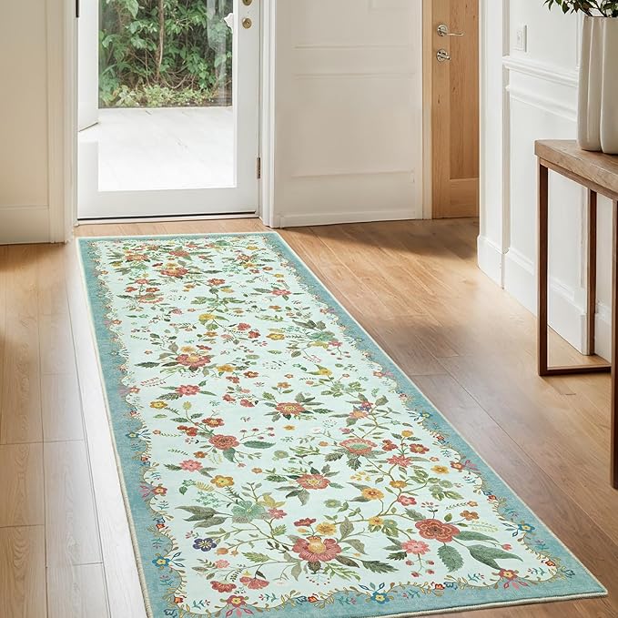Amada 2x6 Washable Runner Rug, Non-Slip & Low-Profile Kitchen Area Rug with Durable Edge Binding, Boho Floral Pattern, Soft Long Entryway Runner Rugs for Bedroom & Hallway