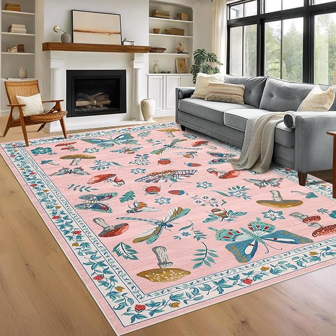 Mushroom Insect 8x10 Area Rugs, Washable Rugs for Living Room Non Slip Stain Resistant Low Pile Modern Butterfly Carpet for Bedroom Dining Room Nursery Playroom Office, Pink