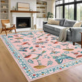Mushroom Insect 8x10 Area Rugs, Washable Rugs for Living Room Non Slip Stain Resistant Low Pile Modern Butterfly Carpet for Bedroom Dining Room Nursery Playroom Office, Pink